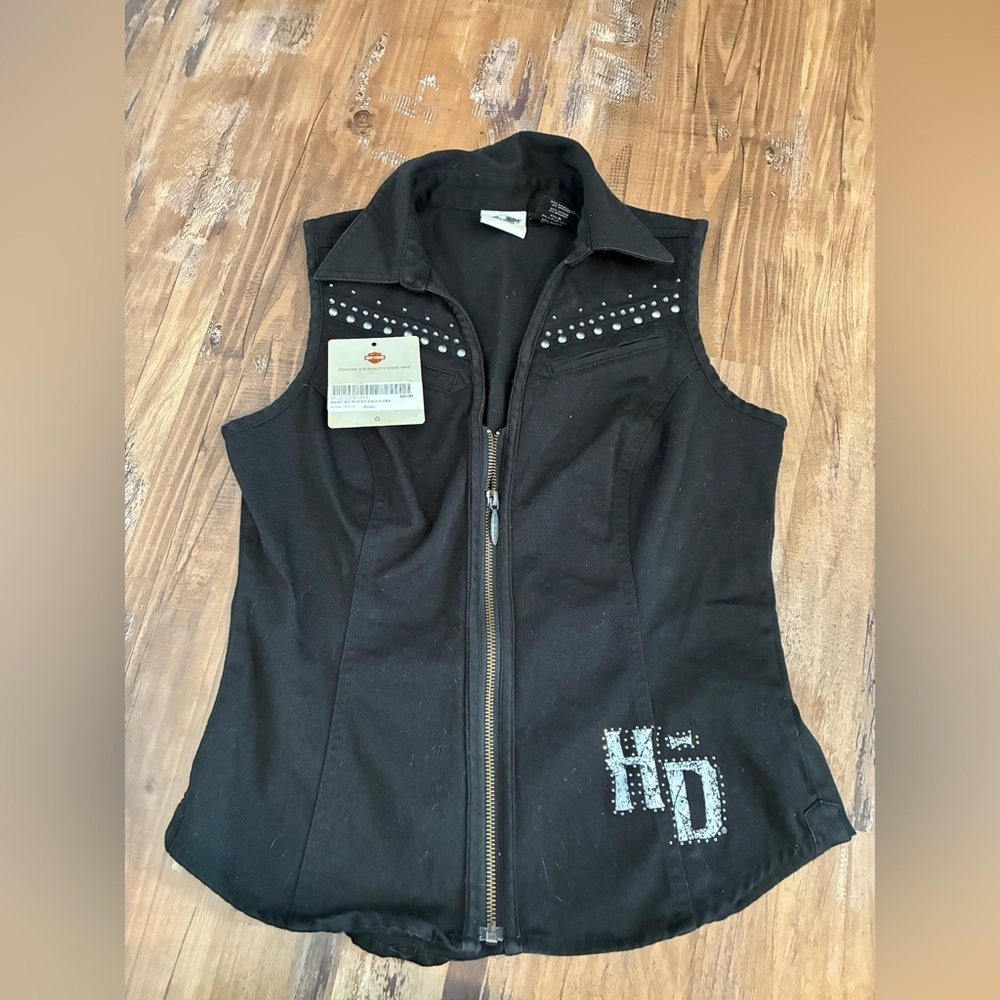 Harley-Davidson Women’s S Black Denim Vest Zip Up Top Woven Eagle Graphic Shirt
